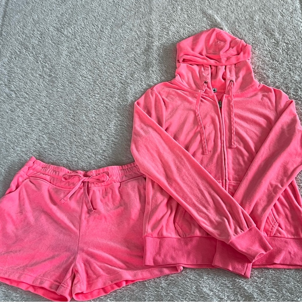 Vibrant Pink Velour Hoodie and Shorts Set - Picture 3 of 4